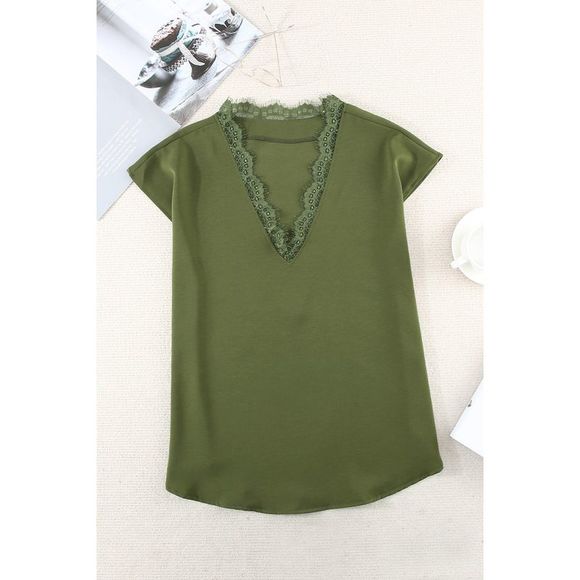 Azura Exchange  Green V Neck Lace Trim T-shirt - Picture 11 of 15